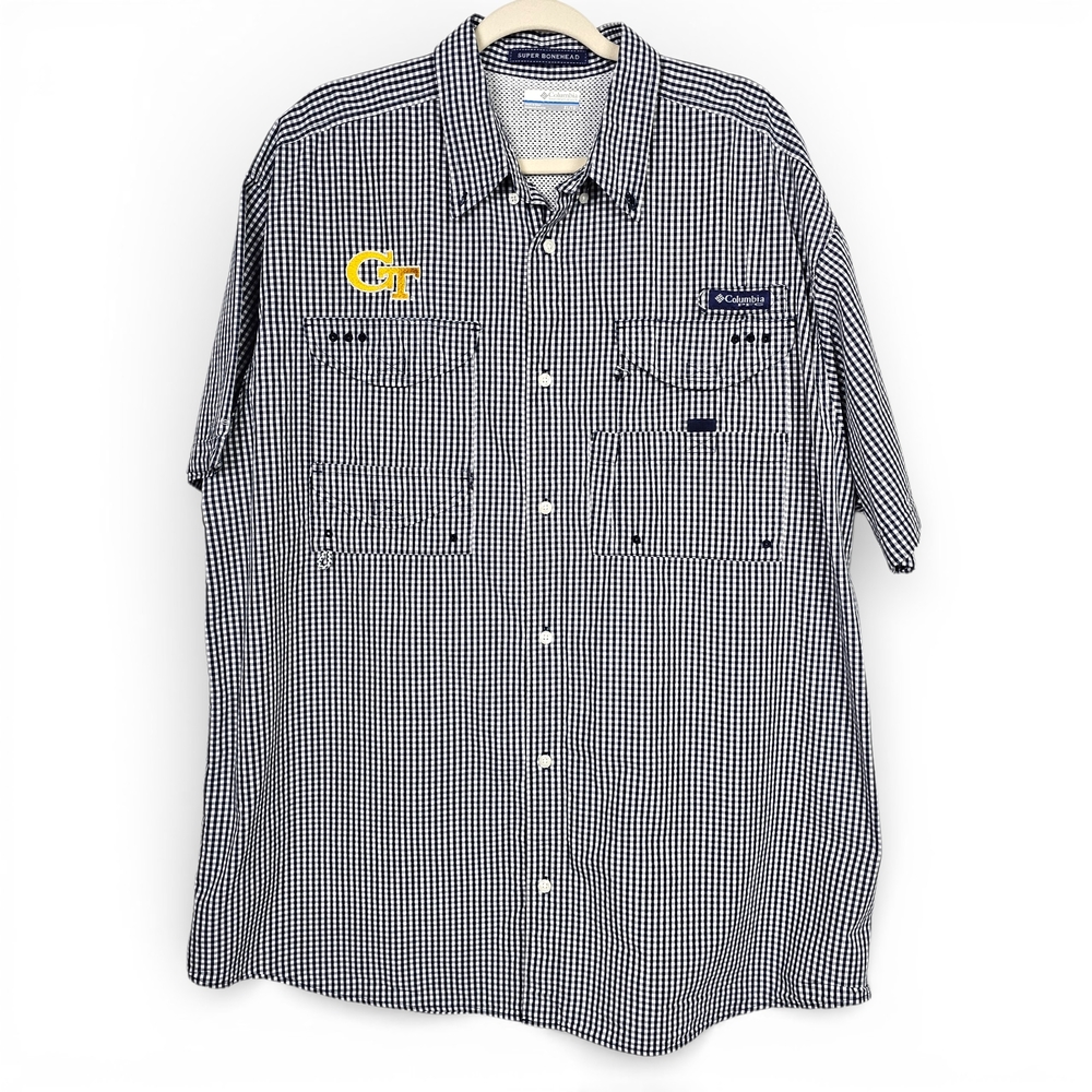 Columbia PFG Super Bonehead Georgia Tech GT Fishing Shirt Mens XL Gingham Vented